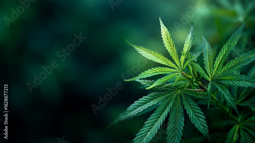 Close up of vibrant green cannabis leaves against a blurred dark green background in a studio shot