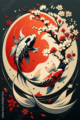 Japanese Ink Painting of Yin Yang Koi Fish and Cherry Blossoms