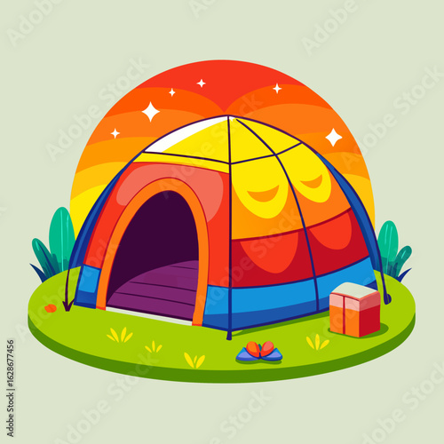 Vibrant camping tent set up on grassy hill under a colorful sunset sky