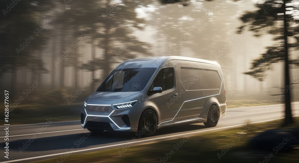 Fototapeta premium A modern van speeding down a road lined with trees. The sleek design and motion blur convey speed and efficiency