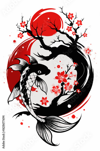 Japanese Ink Painting of Yin Yang Koi Fish and Cherry Blossoms