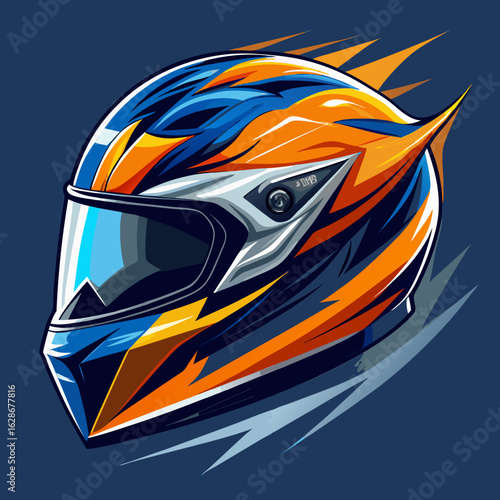 Vibrant racing helmet with dynamic blue and orange flames and sharp aerodynamic design