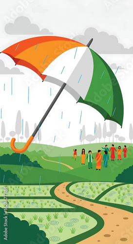 An umbrella colored with the Indian flag protects a group of people walking on a path through a rural landscape during a rain shower.