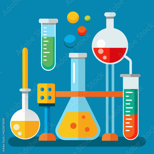 Colorful laboratory equipment with beakers flasks and test tubes in a science experiment
