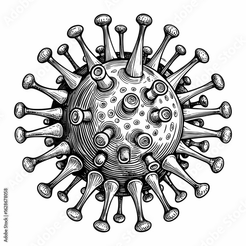 Detailed black and white illustration of a virus particle with spike proteins