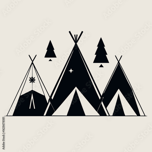 Minimalist black and white graphic of three teepees with pine trees and a starry sky