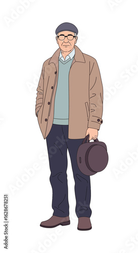 Full-length illustration of a dapper senior man smiling, dressed in a stylish coat and cap, embodying an active retirement lifestyle.