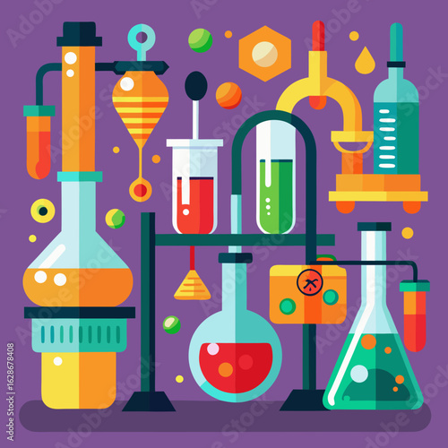 Colorful scientific laboratory equipment with beakers tubes and flasks on a purple background