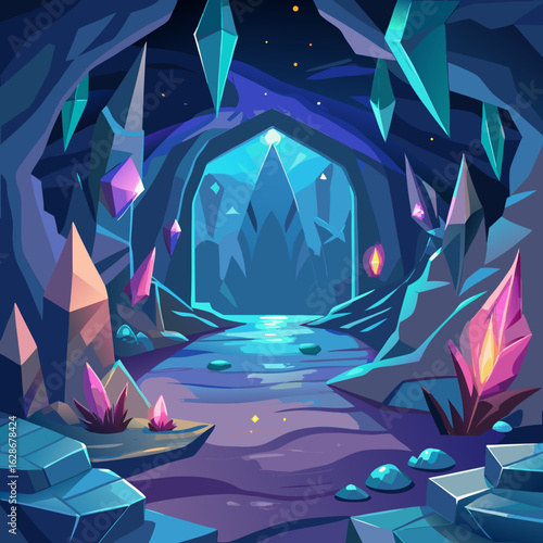 Enchanted crystal cave with underground river and glowing gems