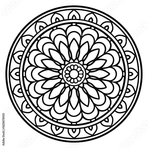Detailed Circular Mandala Illustration with Floral and Geometric Elements in Black and White, Suitable for Coloring Pages.                            