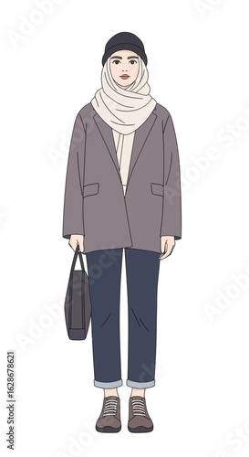 Illustration of a modern Muslim woman in stylish modest street fashion. Young female character wearing a hijab, beanie, and blazer.