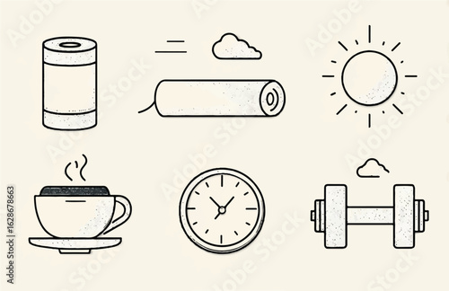Morning Routine Elements Depicting Health Wellness and Time Management for a Balanced Lifestyle Including Exercise and Coffee