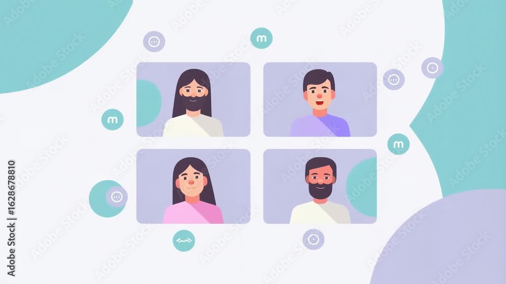 Vector screen mockup of a four-person video call interface, each ...