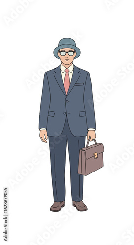 Full-length illustration of a classic businessman in a suit, hat, and glasses, carrying a briefcase, isolated on white.