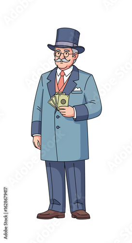 Vintage illustration of a wealthy aristocrat in a top hat holding money. A cartoon character of a rich banker or capitalist.