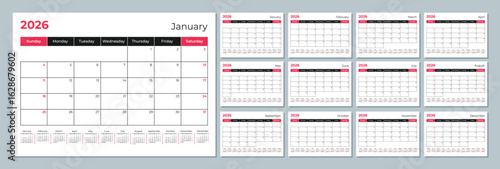 2026 calendar template. Corporate and business planner diary. The week starts on Sunday. Set of 12 months of pages.