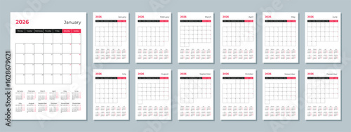 2026 calendar template. Corporate and business planner diary. The week starts on Monday. Set of 12 months of pages.