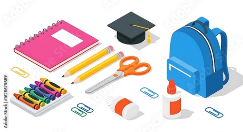 Isometric illustration of school supplies including backpack notebook crayons and graduation cap