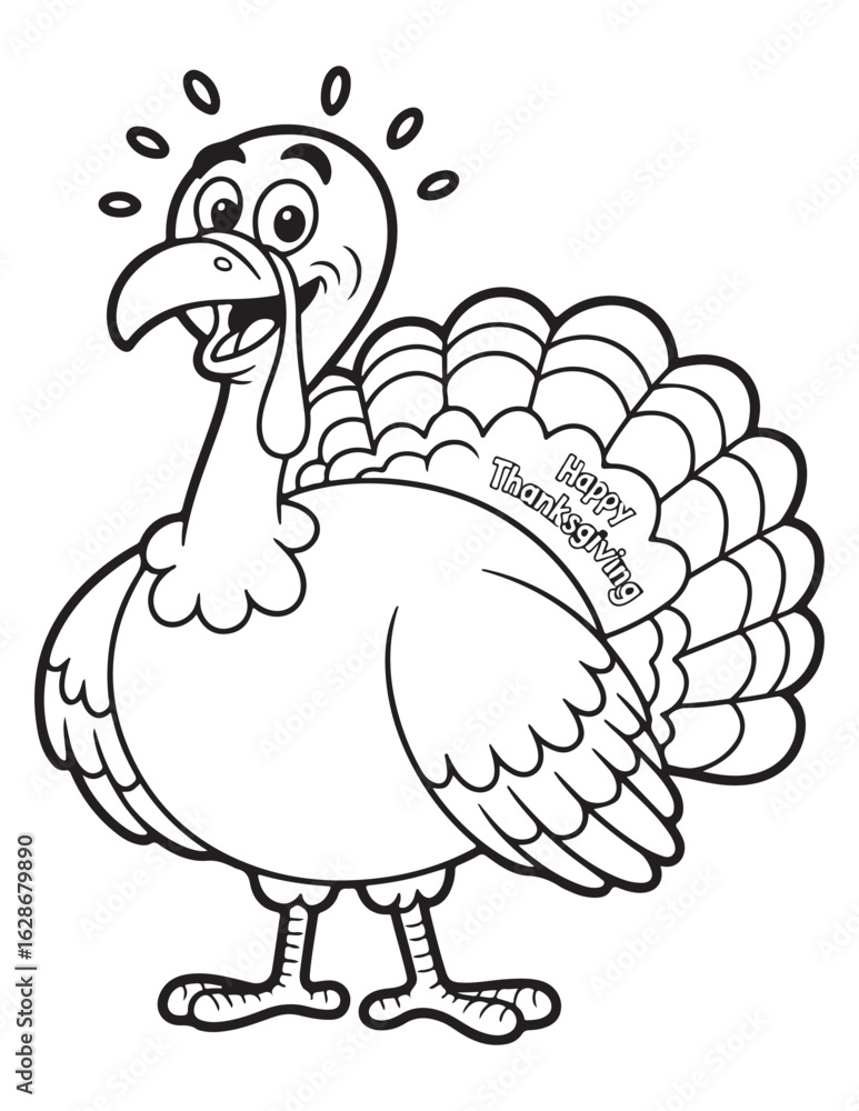 Fototapeta premium Funny Thanksgiving Turkey Holding Spoon – Cartoon Bird Ready for Feast Coloring Page for Kids
