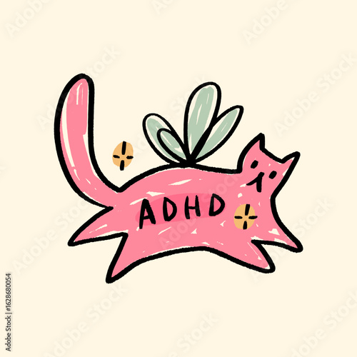 Cat Fairy ADHD Awareness Brain with Thoughts Tears and Distress Mental Psychology Lettering Vector Clip-art 
