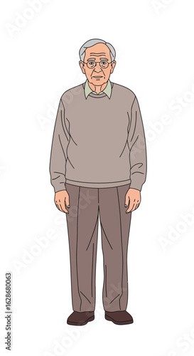An illustration of a calm elderly gentleman standing at full height. Character design of a senior man for topics on retirement and wisdom.