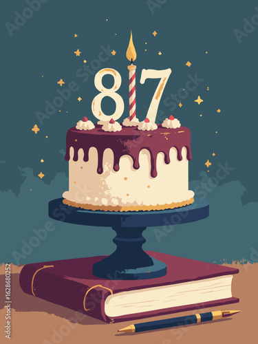 Age 87 – Birthday cake with “87” candle, leather journal and pen, palette: navy, gold, ivory, burgundy