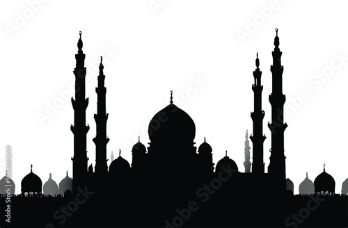 Silhouette of a Mosque with Minarets and Domes Against a White Background Representing Islamic Architecture and Cultural Heritage