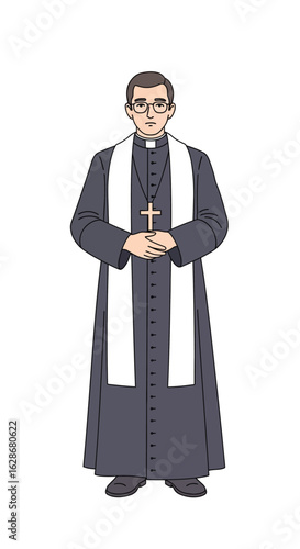 A full-body character illustration of a Christian priest in clerical vestments, wearing glasses and a cross
