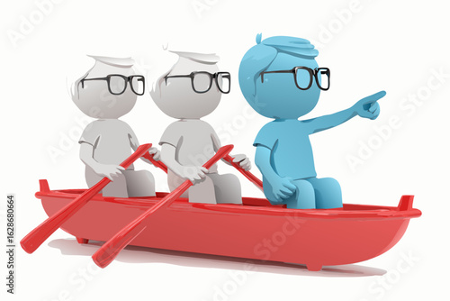 Stylized illustration of a team rowing a red boat with a leader pointing forward.
