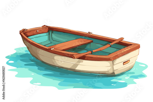 A charming illustrated wooden rowboat with a teal interior and a single oar floating gently on stylized blue water.
