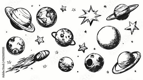 A hand-drawn set of celestial bodies in a black and white ink sketch style featuring planets with rings moons stars and a comet.
