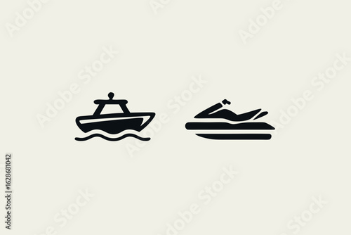 Set of two black watercraft icons a minimalist motorboat on waves and a sleek jet ski silhouette.
