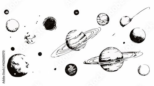 Collection of hand-drawn planets and celestial bodies in a black ink sketch style.
