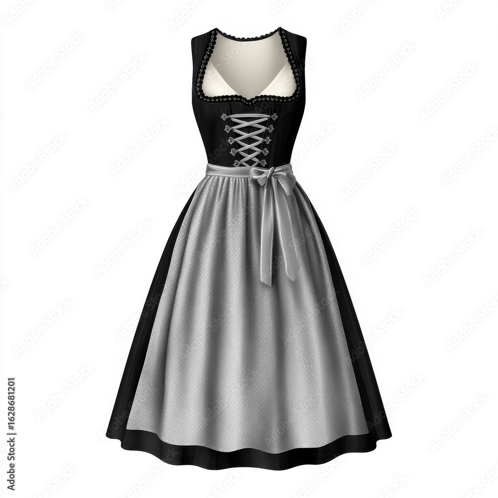 Fototapeta premium Traditional german dirndl dress with black bodice and grey skirt isolated on white background