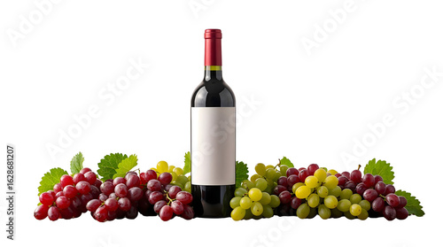 Elegant Wine Bottle with Empty Label and Fresh Green and Red Grapes 