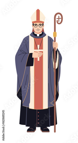 Illustration of a Catholic bishop in traditional liturgical vestments, holding a crosier staff and wearing a mitre