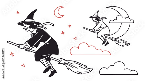 Two witches flying on broomsticks under a crescent moon and stars celebrating halloween with a whimsical vintage illustration style