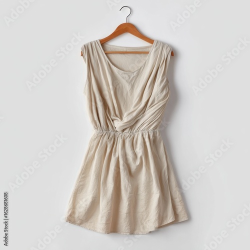 Elegant light beige sleeveless draped dress with elastic waist and pleated skirt isolated on white background