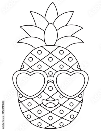 Cute Pineapple with Sunglasses, Line Art Summer Fruit Coloring Page for Kids, Fun and Tropical Illustration
