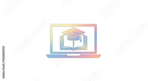 A laptop displaying a graduation cap atop an open book with a soft colorful gradient on a white background
