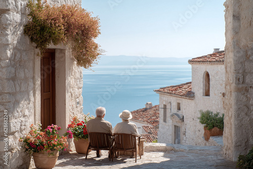 Fototapeta Naklejka Na Ścianę i Meble -  Senior couple enjoying sea views in a picturesque Mediterranean village. Serene, tranquil scene symbolizing retirement, travel, and companionship.