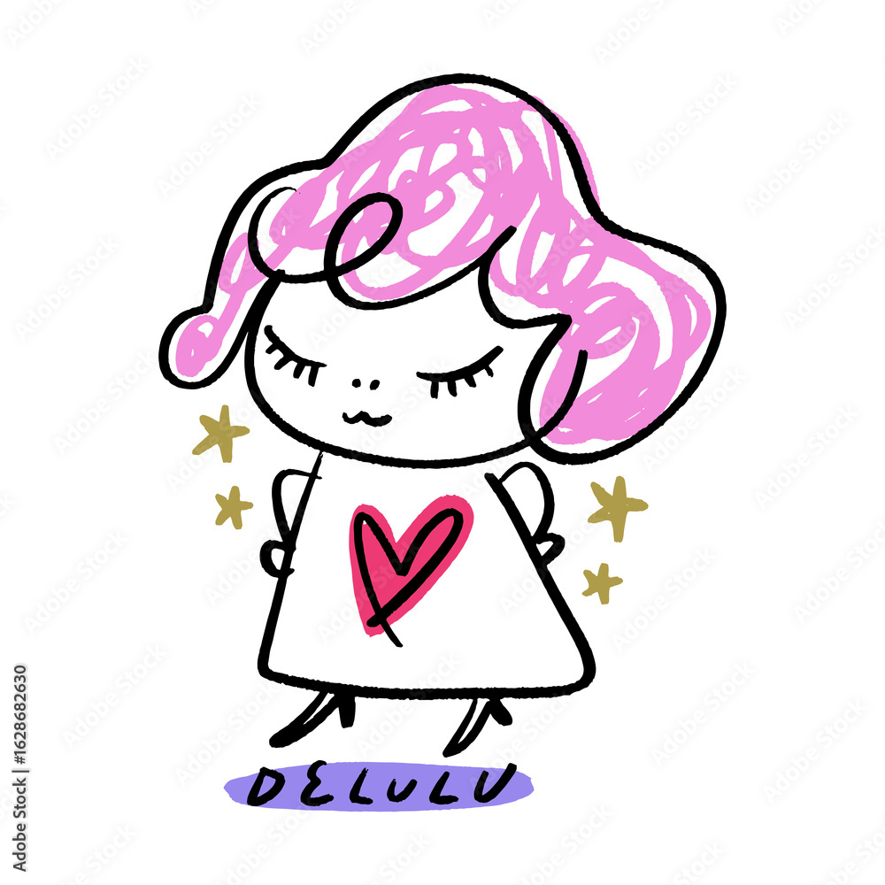 Obraz premium Delulu Girl with Pink Hair and Heart Dress Cartoon Cute Vector Clipart