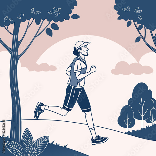 Person running outdoors in a park with trees and clouds