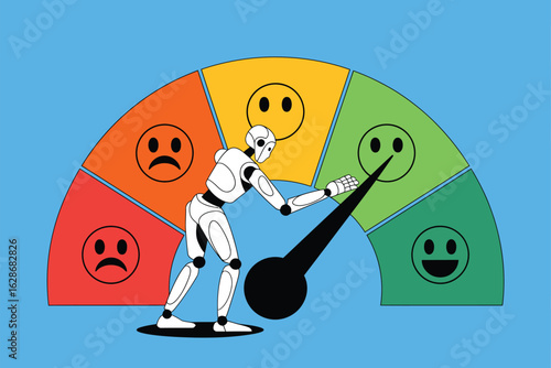 Robot adjusting gauge to measure customer satisfaction showing positive emotions and excellent feedback.