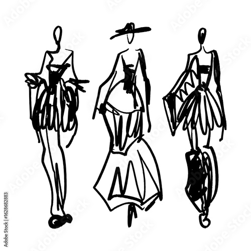 Black and White Fast Fashion Sketches Elegant Dress Silhouettes Hand Drawn Style Color Fashion Show Week Clipart