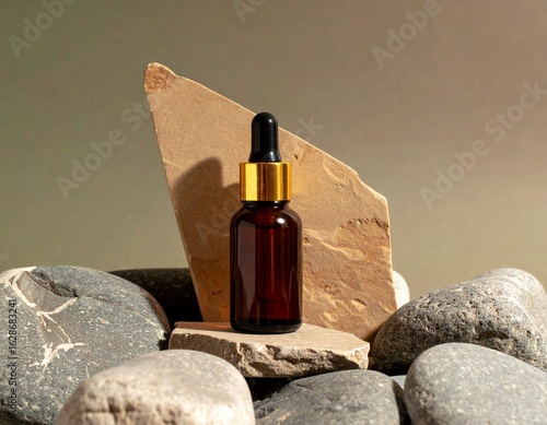 Amber Glass Dropper Bottle on Natural Stones: Luxe Product Photography