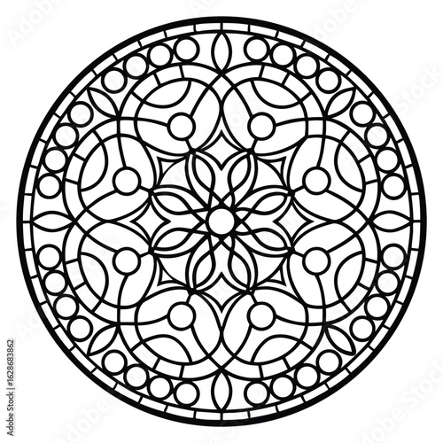 Detailed Black and White Rose Window Design with Intricate Floral Geometric Patterns, Isolated on White Background.                                   