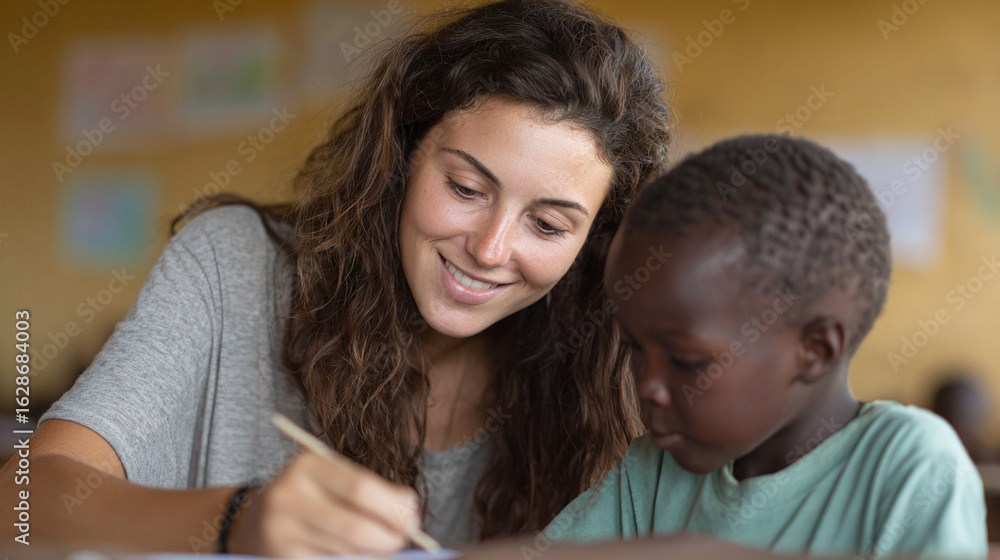 Warm, inviting image of a volunteer tutor helping a young African boy with his studies. Demonstrates education, aid, hope, and crosscultural connection. Ideal for global campaigns. Warm, inviting image of a volunteer tutor helping a young African boy with his studies. Demonstrates education, aid, hope, and crosscultural connection. Ideal for global campaigns.