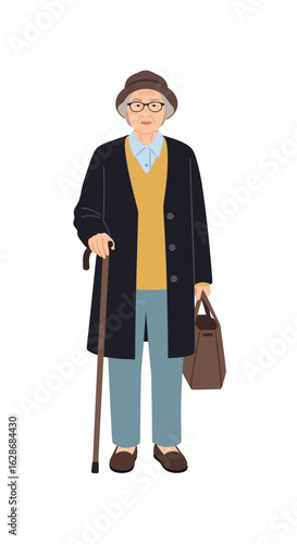 Full-length illustration of an elegant elderly woman with a walking cane and bag, representing senior lifestyle and independence.