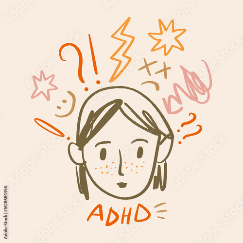 ADHD Awareness Brain with Thoughts Tears and Distress Mental Psychology Lettering Vector Clip-art 